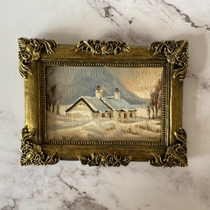 Winter landscape oil painting Tiny painting in handcrafted frame Christmas decor wall art Cosy winter cabin Christmas gift oil painting