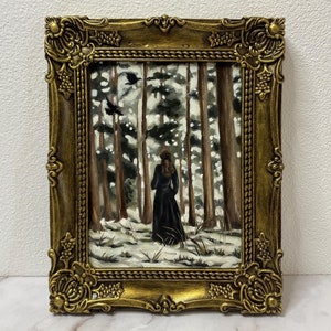 Woman figure in winter forest original oil painting Small framed art Vintage oil painting Winter landscape original art Christmas gift idea
