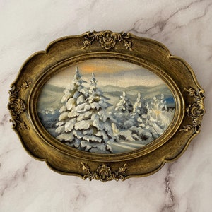 Winterwald Landschaft original Ölgemälde. Kleine gerahmte Kunst. Vintage Ölgemälde. Schnee Tannenbaum ursprüngliche Kunst. Geschenkidee Weihnachten.