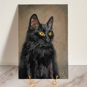 Art original de peinture de chat noir Portrait d'animal de compagnie pour le cadeau d'amant de chat Peinture à l'huile commémorative d'animal de compagnie