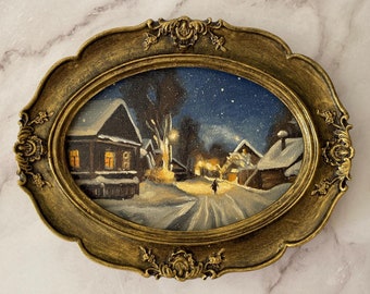 Framed Winter Village Oil Painting: Small Original Art, Handmade Ceramic Frame