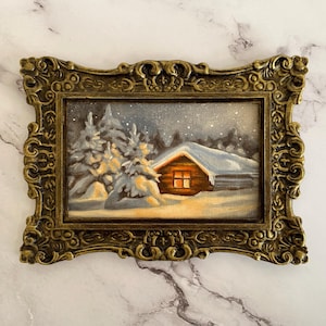 Snowy cabin under the stars | Tiny framed original oil painting | Winter wonderland wall art | Cozy cottage core decor | Christmas gift idea