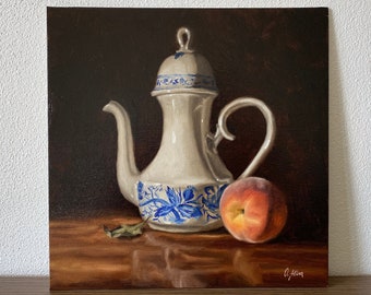 Teapot and Peach Oil Painting: Impressionist Still Life Art