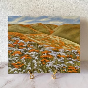 Flower summer hills original oil painting. Summer field with red flowers oil painting on canvas board. Landscape painting. Impressionist art