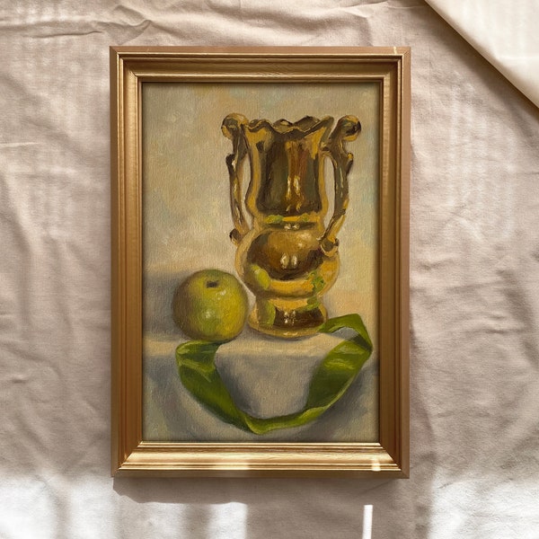 Peinture à l'huile originale de pomme verte et de vase doré. Nature morte de fruits peinture à l'huile sur toile enduite. Tableau impressionniste 8x12