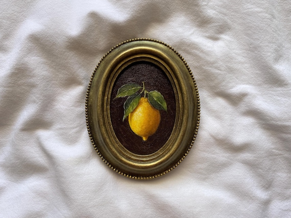 Lemon original oil painting. Tiny citrus kitchen wall art gift oil painting in handcrafted oval frame. Impressionist miniature lemon art.