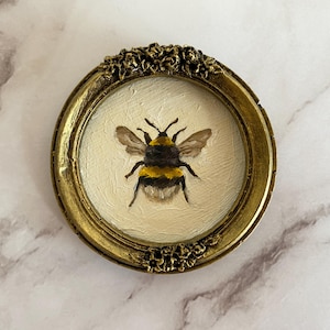Bumblebee painting impressionist art Tiny vintage oil painting in handcrafted frame. Antique style painting shelf decor Insect oil painting