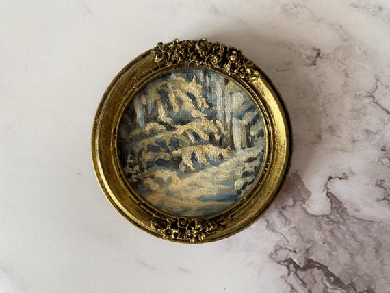 Framed Winter Landscape Oil Painting: Tiny Christmas Decor (7x7 cm)