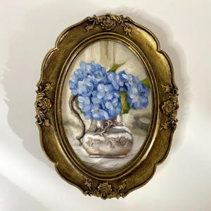 Gorgeous hydrangea oil painting. Blue hydrangea in handcrafted oval frame. Impressionist miniature art. Vintage style floral wall art decor.