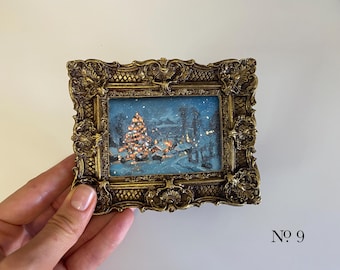 Christmas tree oil painting Winter city night landscape oil painting Framed tiny painting Christmas decor Christmas gift original art