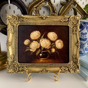 Original oil painting of white peonies. Small framed art flower painting. Baroque floral art. Floral still life vintage oil painting.
