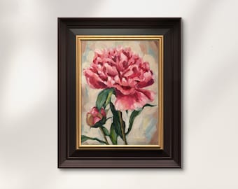 Peony original oil painting on board. Pion flower still life oil painting. Impressionist original painting 7x9 in