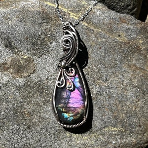 Handmade Spectrolite Pendant Necklace: Sterling Silver Wire Wrapped Boho Jewelry