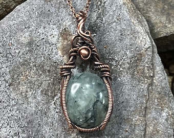 Prehnite Pendant Necklace for Women.  Handmade Copper Wire Wrapped Boho Natural Stone Jewelry, a Wearable Art Jewelry Gift Idea for Her