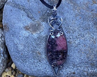 Rhodonite Necklace for Women. Handmade Sterling Silver Wire Wrapped Boho Natural Stone  Jewelry, a Wearable Art Jewelry Gift Idea for Her.