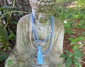 Angelite, Amethyst, Quartz, and Iolite Mala. Light Blue 108 Bead Hand Knotted Gemstone Mala. Mindfulness Gift. Boho Tassel Necklace