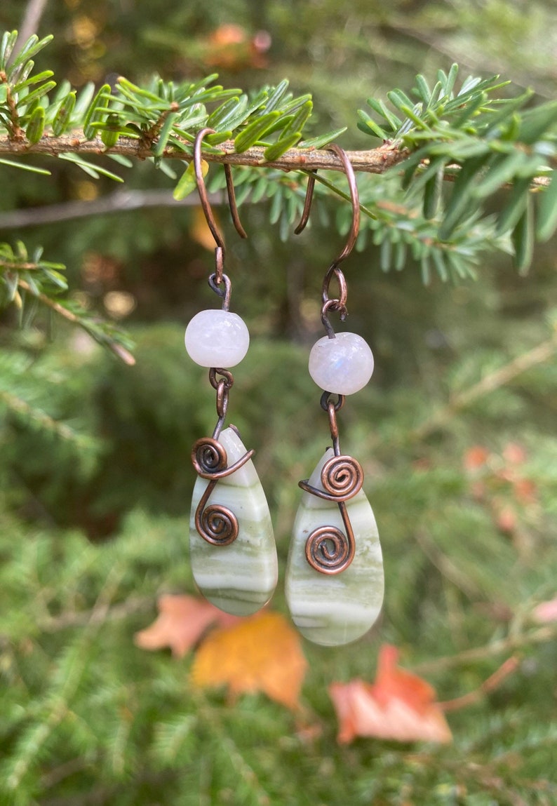 Serpentine and Moonstone Dangle Earrings a Gift for Her Antique Copper Wire Wrapped Boho Natural Stone Earrings with Handmade Ear Wires