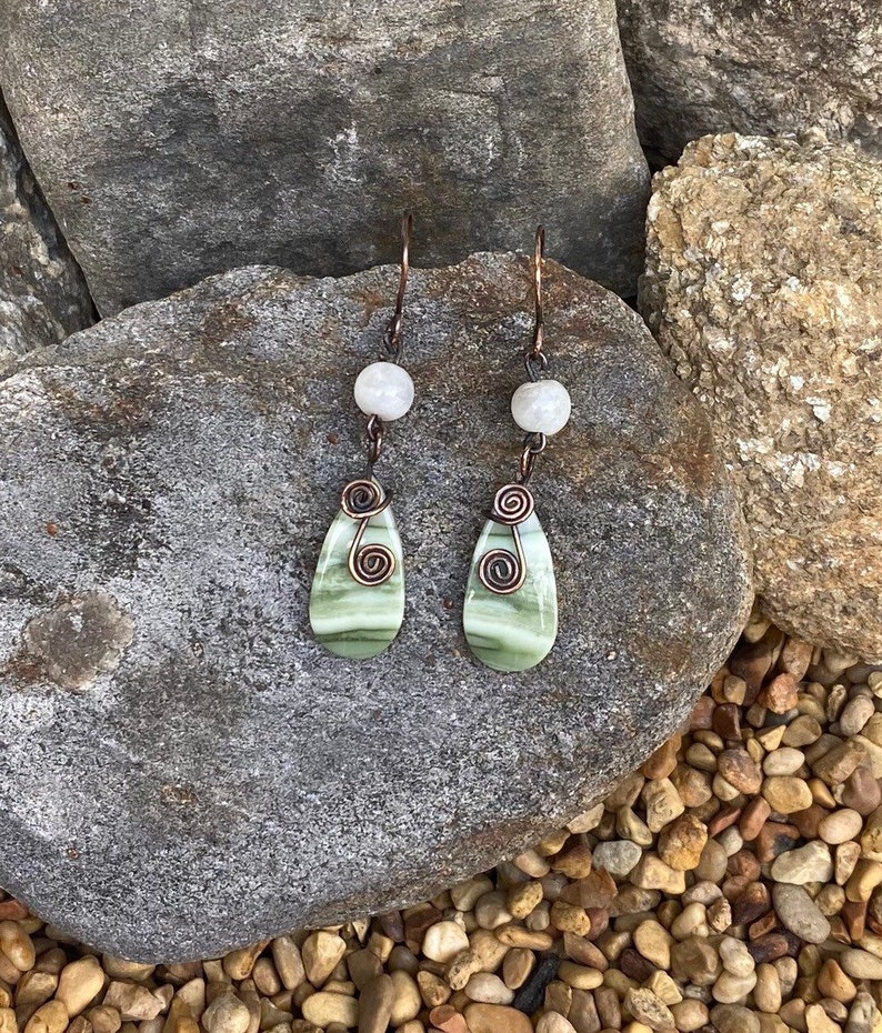 Serpentine and Moonstone Dangle Earrings a Gift for Her Antique Copper Wire Wrapped Boho Natural Stone Earrings with Handmade Ear Wires