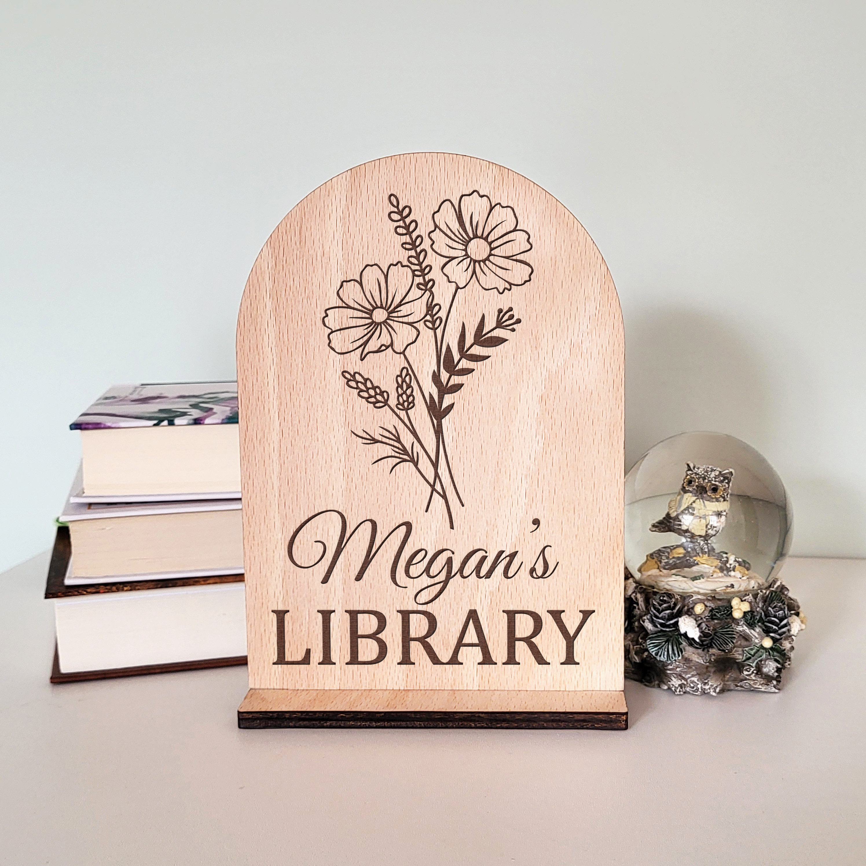 Bookshelf Decor, Library Sign, Birth Flower Gift - Personalized Book Lover Gift, Birthday, Best Friend, Sister, and Girlfriend Gifts