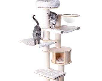 189 cm Cat Tree Tower Luxury Condo Wooden Cat Climbing Frame Unique Cat Tree Large Cats Natural Wood Cat Play Furniture Perch Cat Shelves