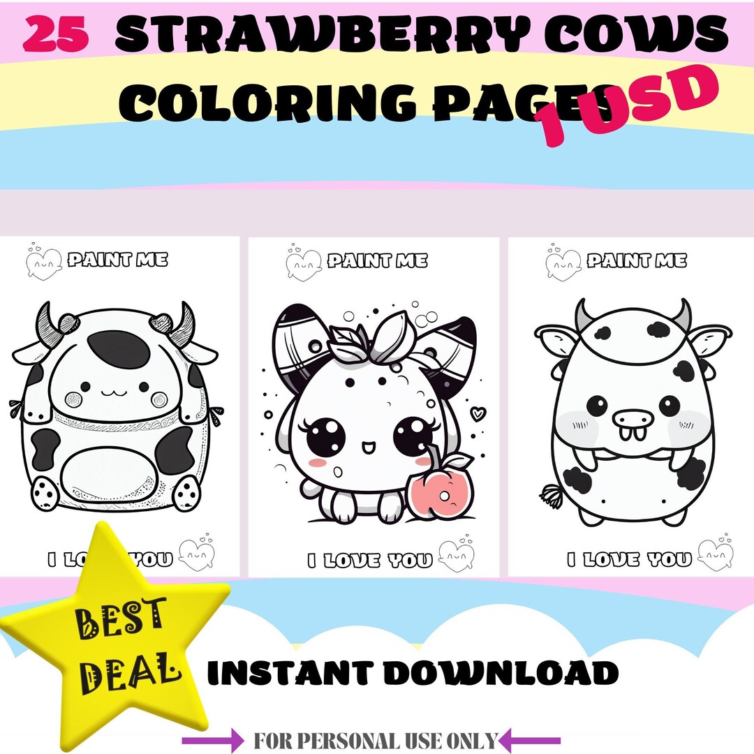 25 Strawberry Cow Coloring Page Strawberry Cow Kawaii Coloring - Etsy
