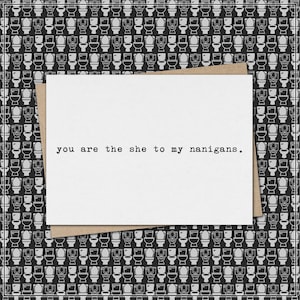 you are the she to my nanigans // funny & sarcastic greeting card for friend // friendship // best friend