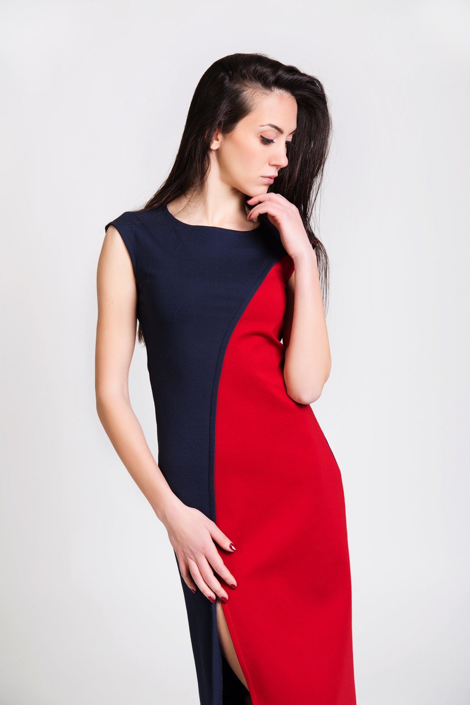 red and blue gown