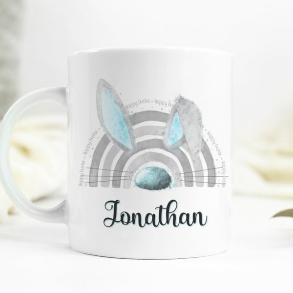 Personalised Easter mug, Happy Easter bunny rainbow blue bunny mug. Also available with tail and bunny feet