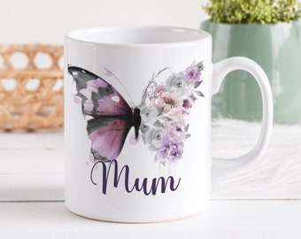 Personalised butterfly mug, pink and purple floral butterfly perfect gift for mum, Nan, sister, friend