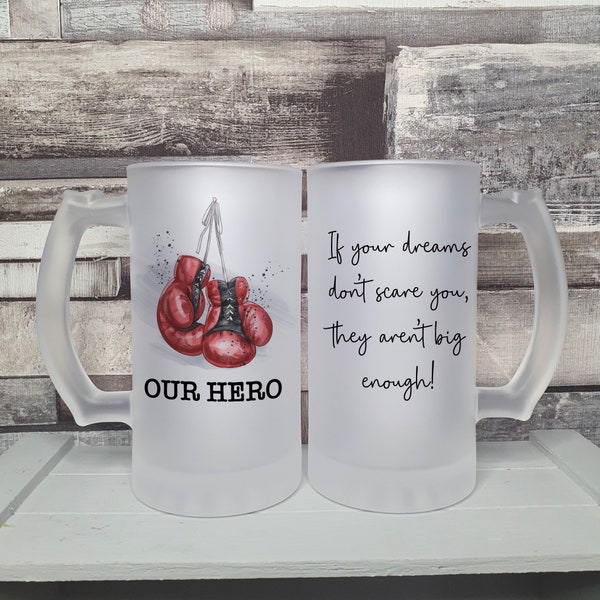 Personalised beer stein, glass for boxer, boxing design, add name and your own words