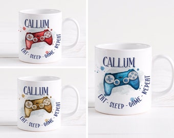 Personalised gaming mug, Eat-sleep-game-repeat gaming mug, available in Red, Blue and Gold