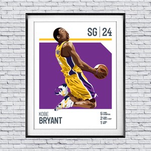 May include: A purple and yellow basketball poster featuring a silhouette of Kobe Bryant in mid-air, dunking a basketball. The poster includes the text "KOBE BRYANT", "SG | 24", and "5 NBA CHAMPION 2 NBA FINALS MVP 1 NBA MVP".