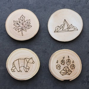 Geometric Rocky Mountains Design: Set of Coffee Coasters - Burnt Wood Slice - Rustic Mountain Home Decor - Canada Gift - Christmas Present