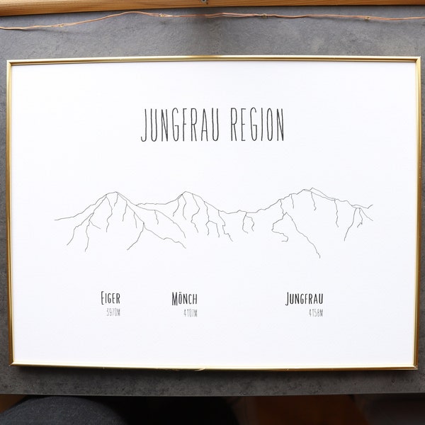 Jungfrau Region Poster - Eiger Mönch Jungfrau Line Art Print - Zwitserland Grindelwald Mountains - Zwitserse Alpen Kerstcadeau - Chalet Decor