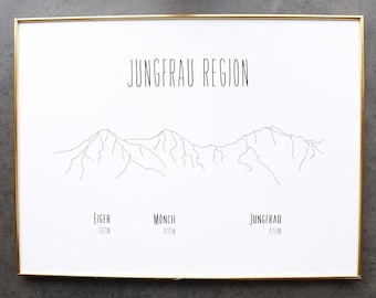 May include: A black and white line drawing of the Eiger, Mönch, and Jungfrau mountains in the Jungfrau Region of Switzerland. The names of the mountains are labeled below the drawing.