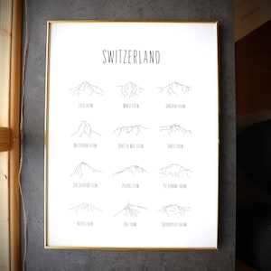 以下が含まれることがあります： スイスアルプスの白黒線画プリント。各山の名前と標高が山の下に記載されています。プリントのタイトルは「スイス」です。