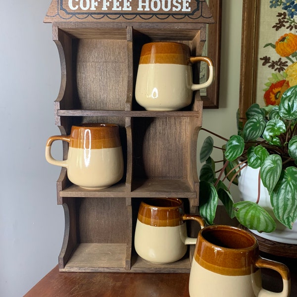 Vintage Wooden Coffee House Wall Rack with 4pc Brown Tri Color Glazed Pottery Mug Neutral Tan