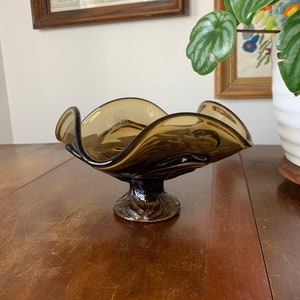 Mid Century Viking Glass Cabbage Leaf Compote Pedestal Art Glass Smoky Brown