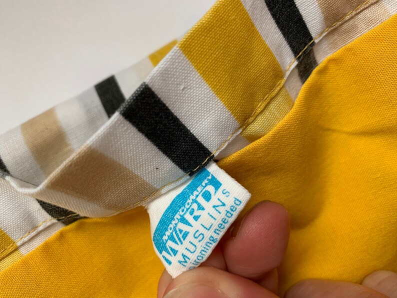 Vintage Flat Double Full Bed Sheet Yellow Gold Black Stripe or Blue Green White Stripe Montgomery Ward