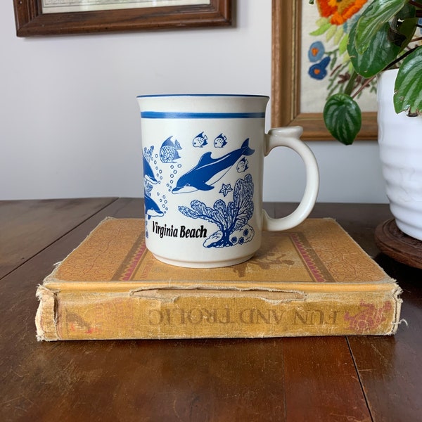 Vintage Souvenir Virginia Beach Dolphin Underwater Blue Mug