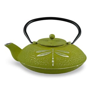 May include: Green cast iron teapot with a black handle and lid. The teapot features a dragonfly design on the front. The teapot is a light green color and has a textured surface. The teapot is designed for brewing tea.