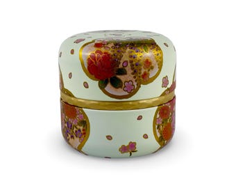 Japanese Flower Festive White Lacquered Tea Tin Container - Shizen Cha