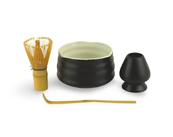 Japanese Mokutan Charcoal Black Matcha Tea Bowl Set - Shizen Cha