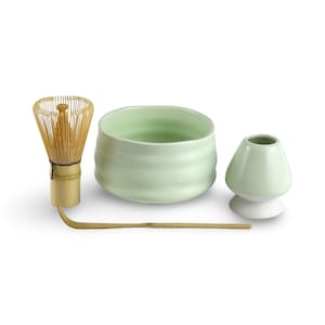 Blue Ceramic Matcha Bowl Set With Spout Bamboo Whisk and Chasen