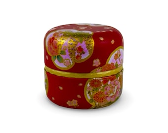 Japanese Flower Festive Red Lacquered Tea Tin Container - Shizen Cha
