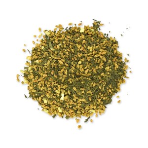May include: A close-up of a mixture of green tea leaves and brown rice. The tea is a blend of green tea and genmaicha, a Japanese green tea with roasted brown rice.