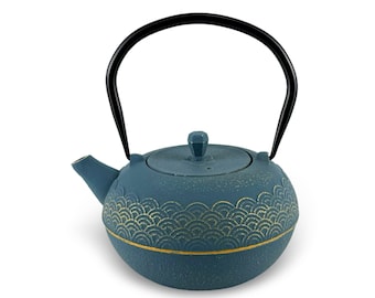 Japanese Seigaiha Blue Cast Iron Tetsubin Teapot - Shizen Cha
