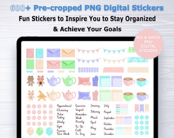 600+ Digital Planner Stickers | Förbeskuren PNG för Goodnotes, Xodo (digital nedladdning)