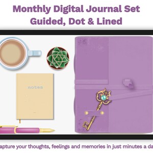 Undated Monthly Digital Journal/31 Day Digital Planner or Digital Notebook with 250+ PNG Pre-Cropped Transparent Digital Journal Stickers
