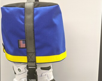Blue with Yellow Webbing, Motocross Boot Carrier, W/ Optional Custom Embroidery